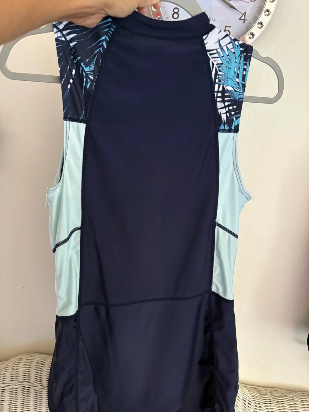 Women's Navy and Light Blue Front-Zip One-Piece Swim Romper